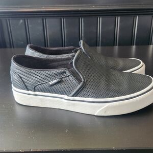 Vans Asher Black Leather Perforated Slip-On Sneakers